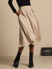 19Momme Silk High Waist A-Line Pleated Midi Skirt with Pockets