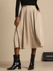 19Momme Silk High Waist A-Line Pleated Midi Skirt with Pockets