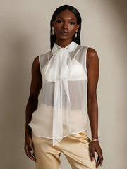 Pure Silk Chiffon Women's Sleeveless Tie Neck Sheer Blouse
