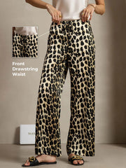 19Momme Silk Leopard Print Wide Leg Women's Pants With Side Pockets Design