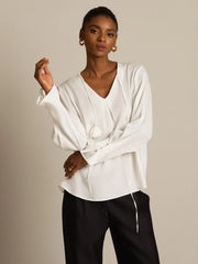 19Momme Silk Women's V Neck Long Sleeve Blouse With 3D Rose Detail
