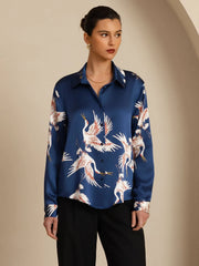 19Momme Pure Silk Long Sleeve Lapel Collar Women's Crane Print Button Blouse