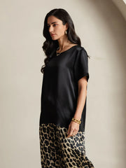 Women's Pure Silk Short Sleeve Round Neck Solid Top & Leopard Print Pants Pajamas Set