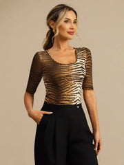 Pure Silk Women's Half Sleeve Scoop Neck Wild Animal Print Top
