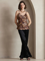Pure Silk Leopard Print Spaghetti Strap V Neck Camisoles Top