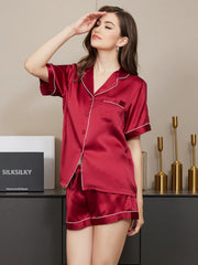 Pure Silk Short Sleeve Notch Collar Above the Knee Women's Pajamas Set