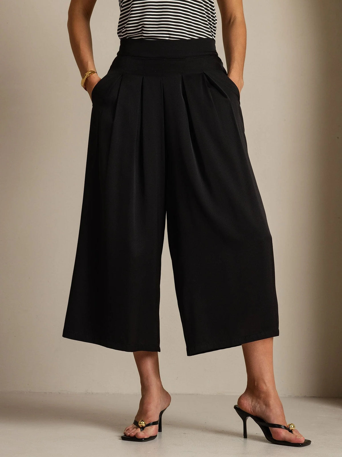19Momme Silk Women's High Waist Pleated Wide Leg Capri Pants