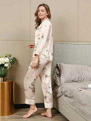 Women's Pure Silk Floral Print Long Sleeve Pajamas Set With Pants