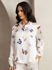 19Momme Women's Silk White Butterfly Print Button-Up Shirt & Wide-Leg Pants Set