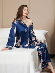 19Momme Women's Pure Silk Crane Print Long Sleeve Pajamas Set