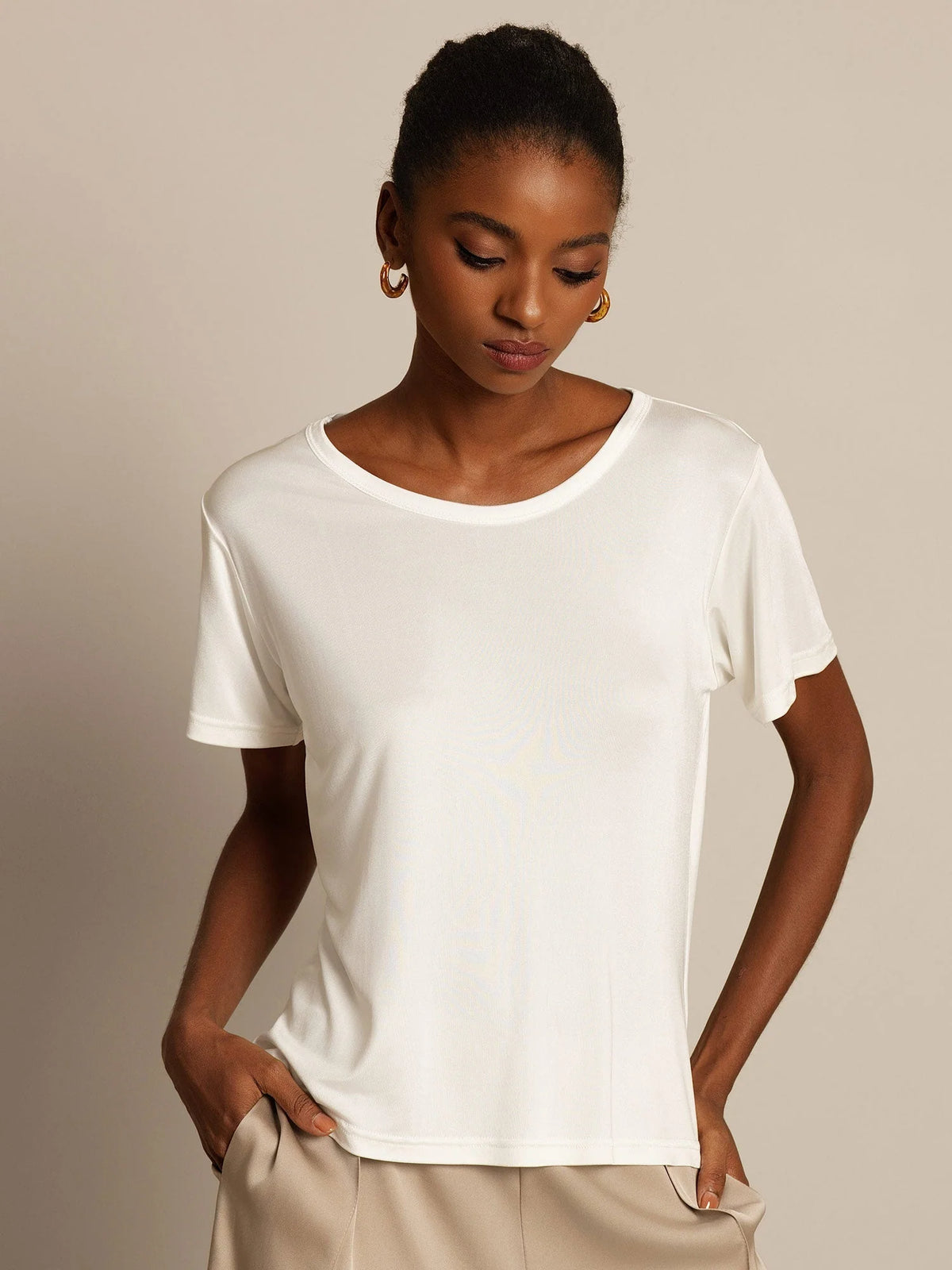 Women's Pure Silk Jersey Short Sleeve Round Neck T-Shirt