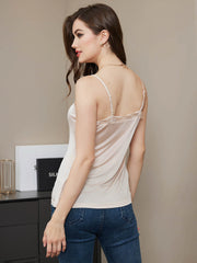 Silk Jersey Spaghetti Strap V Neck Camisoles with Lace Design