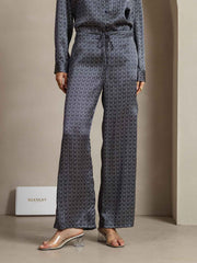 19Momme Silk Navy Ginkgo Print Wide Leg Women's Pants With Side Pockets Design