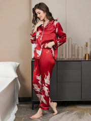 19Momme Women's Pure Silk Crane Print Long Sleeve Notch Collar Pajamas Set