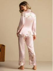 19Momme Pure Silk Crane Print Women's Long Sleeve Notch Collar Pajamas Set