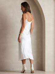 Pure Silk Spaghetti Strap V Neck Midi Dress