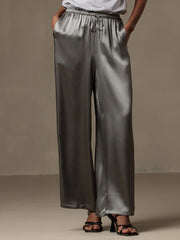 Pure Silk Wide Leg Women's Pants with Elastic Waist Design