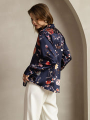 19Momme Silk Navy Floral Print Long Sleeve Lapel Collar Women's Shirt