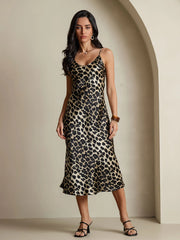 Pure Silk Leopard Print Spaghetti Strap V Neck Midi Dress