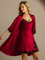 Pure Silk Basic Lace Trimmed Split Nightgown&Robe Set 2Pcs