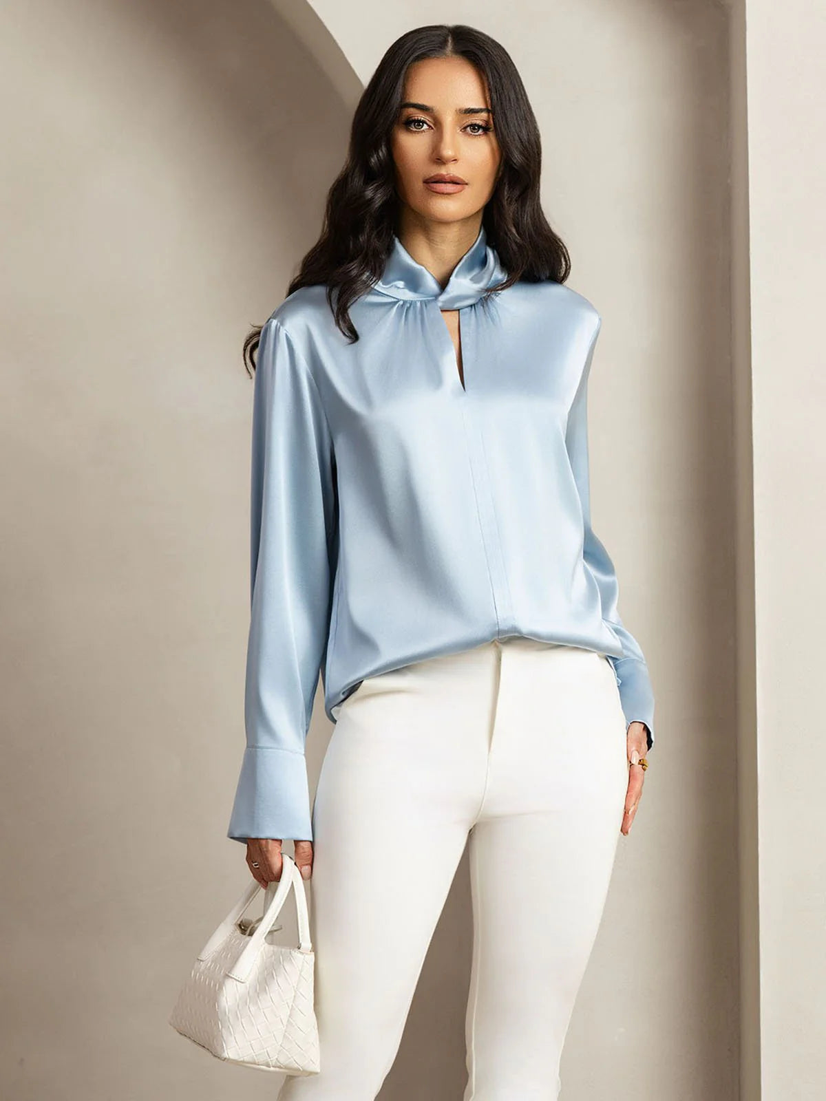 19Momme Silk Keyhole Neck Blouse with Pearl Buttons