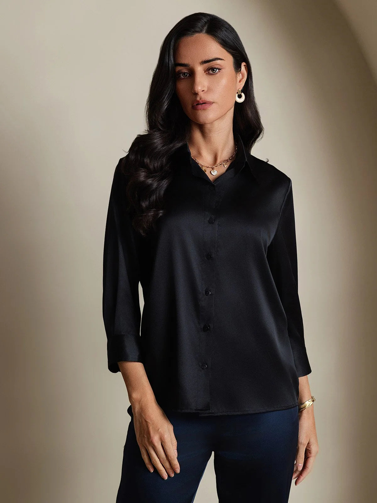 Clearance - 19Momme Silk 3/4 Sleeve Lapel Collar Women's Shirt with Button Up Design