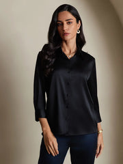 Clearance - 19Momme Silk 3/4 Sleeve Lapel Collar Women's Shirt with Button Up Design