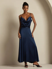 19Momme Silk Cowl Neck Spaghetti Strap Camisole Top & A Line Maxi Skirt