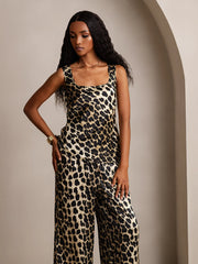 Women's Pure Silk Leopard Print U-Neck Tank Top & Wide Leg Pants Set