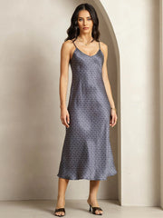 19Momme Silk Navy Ginkgo Print V Neck Adjustable Strap Midi Dress