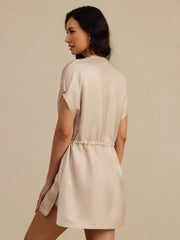 Pure Silk Henley Neck Cap Sleeve Short Dress With Drawstring