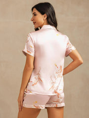 19Momme Women's Pure Silk Crane Print Short Sleeve Notch Collar Pajamas Set