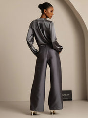 32Momme Silk-Wool Blend High Waist Wide Leg Women's Pants with Side Pockets Design