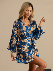 Pure Silk Dragon Print 3/4 Sleeve Women's Kimono Robe With Belt