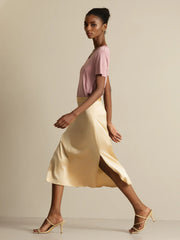 19Momme Silk A Line Long Slit Skirt with Zipper Design