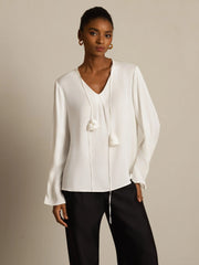 19Momme Silk Women's V Neck Long Sleeve Blouse With 3D Rose Detail