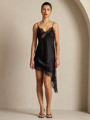 Pure Silk V Neck Asymmetrical Hem Slip Short Dress with Lace Design