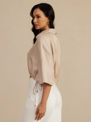 Pure Silk Women's Half Sleeve Cropped Blouse With Drawstring Hem