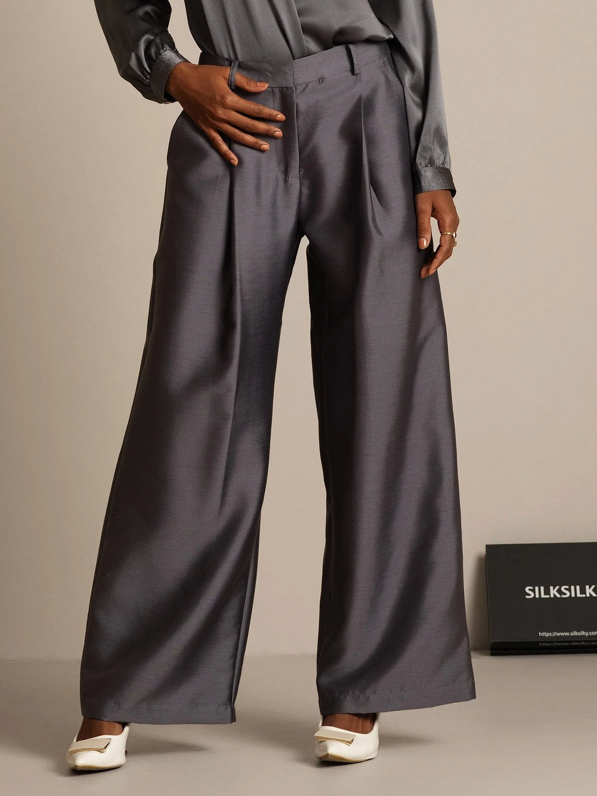 32Momme Silk-Wool Blend High Waist Wide Leg Women's Pants with Side Pockets Design