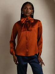 Clearance - 19Momme Silk Long Sleeve High Neck Bow Tie Blouse