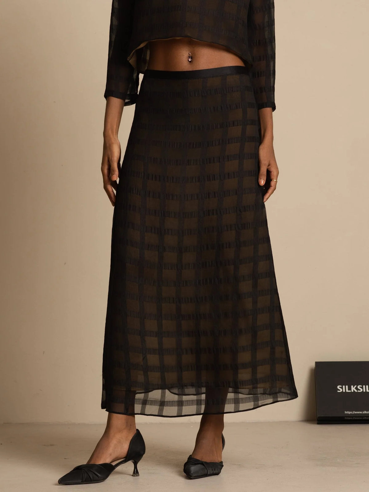 Pure Silk High-Waist A-Line Textured Grid Long Skirt With Back Zipper