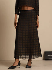 Pure Silk High-Waist A-Line Textured Grid Long Skirt With Back Zipper