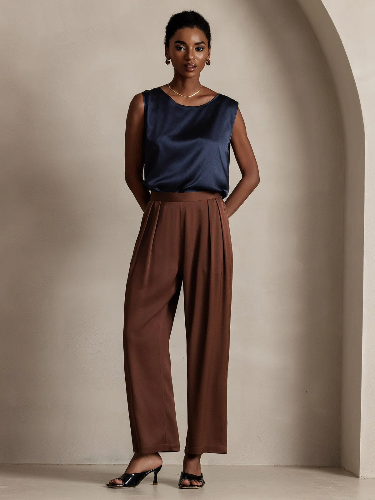 Women's 22Momme Silk High Waist Wide Leg Tapered Pleated Cropped Pants