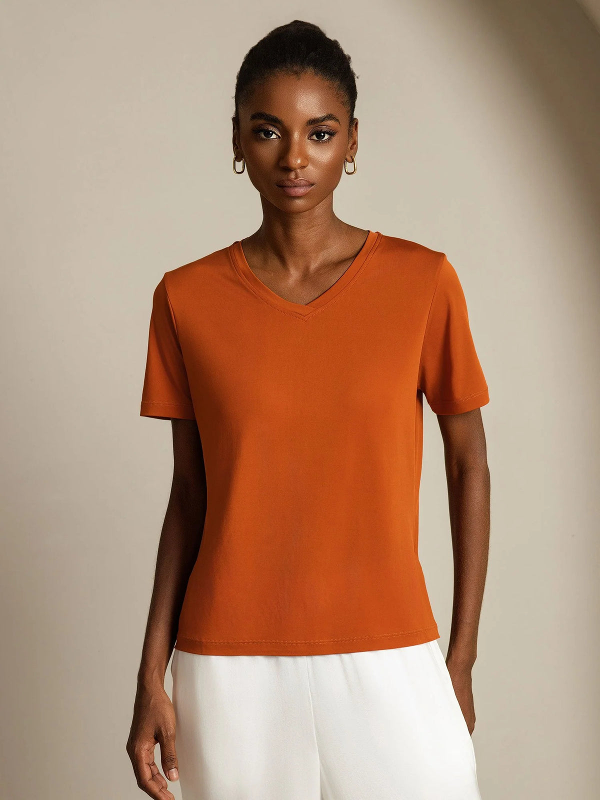 Pure Silk V Neck Short-Sleeve Snag-Resistant Women's T-Shirt