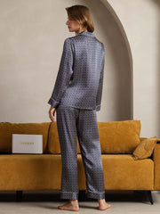 Women's Pure Silk Navy Ginkgo Print Long Sleeve Notch Collar Pajamas Set