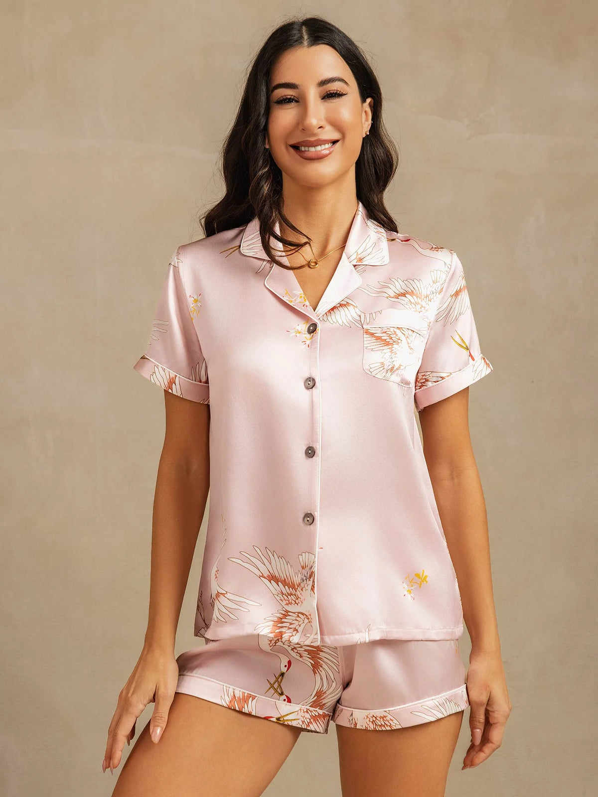 19Momme Women's Pure Silk Crane Print Short Sleeve Notch Collar Pajamas Set