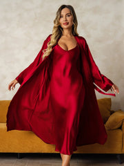 Pure Silk V-Neck Midi Nightgown & Robe Set 2Pcs