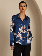 19Momme Pure Silk Long Sleeve Lapel Collar Women's Crane Print Button Blouse