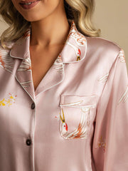 19Momme Pure Silk Crane Print Women's Long Sleeve Notch Collar Pajamas Set