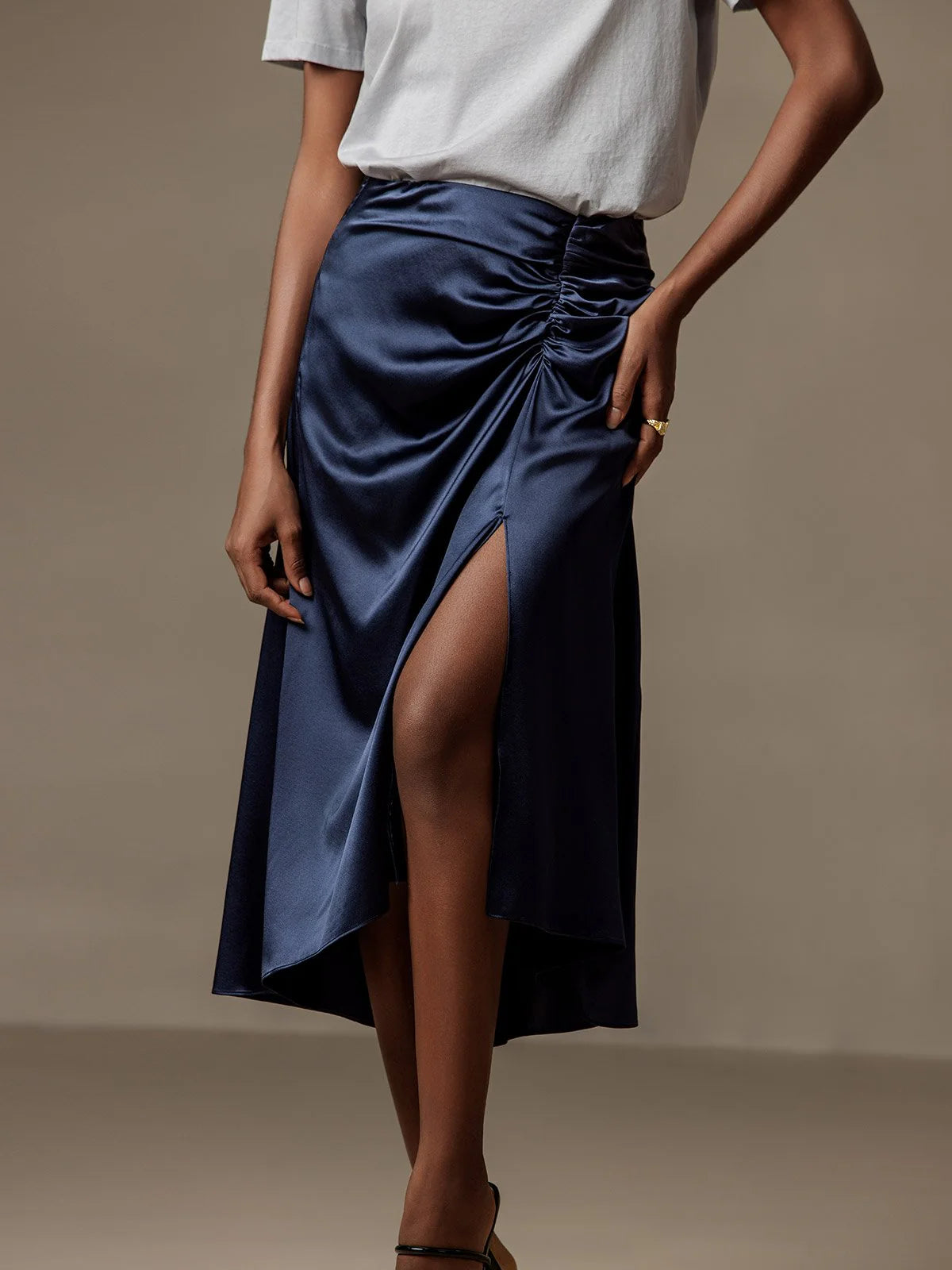 Silk Pleated High Slit Skirt